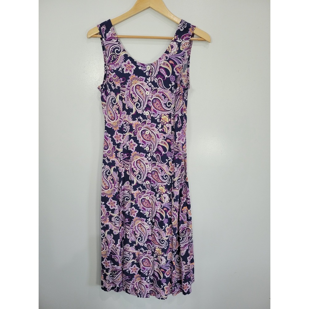 Koret Womens Petite Small Purple Paisley Rayon Button Front Smocked Midi Dress
